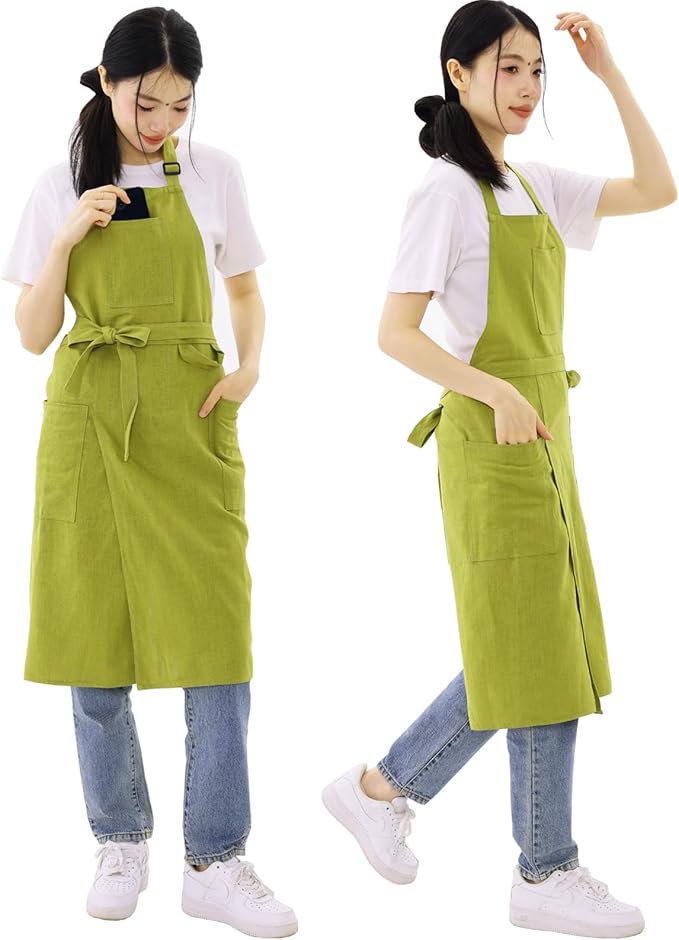 Linen Apron for women with pockets Cottion Linen Split-leg Apron for Clay Kichen Artist Pottery Gardening