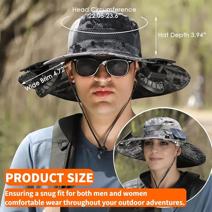 Wide Brim Solar Fan Hat for Men Women- UPF 50+ Sun Bucket Hat with 2 Built-in Solar Powered Fans for Fishing, Hiking & Beach