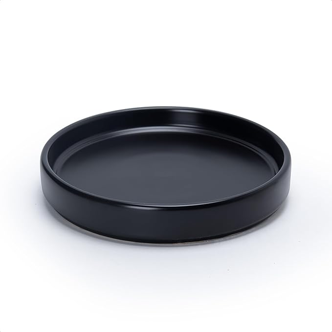 D'vine Dev Modern Round 7.1 Inch Ceramic Plant Pot Saucer, Planter Pot Drainage Tray for Indoor Plants, Matte Black, 97-T-B-3