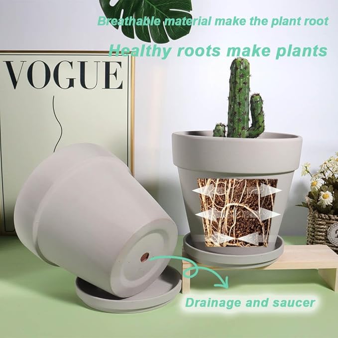 vensovo Grey Terracotta & Clay Pots with Saucer - 6 Pack 5 Inch Terra Cotta Pot Ceramic Pottery Planter Cactus Flowerpots Drainage Hole, Great for Plants, Crafts and Wedding Favor