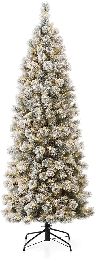 Glitzhome 7.5ft Pre-Lit Flocked Pencil Pine Artificial Christmas Tree with 350 Warm White Lights and Foldable Metal Stand for Home, Office, Party Decoration, Easy Assembly