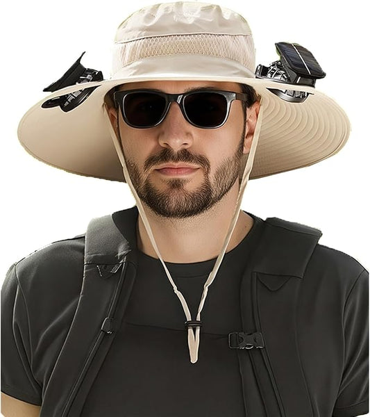 Solar Powered Fan Hat with 2 USB Solar Charging Removable Fans Wide Brim Sun Hat for Outdoor Fishing, Hiking Gardening