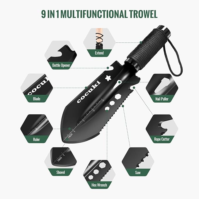 Portable Backpacking Trowel, 9 in 1 Mini Hand Camping Shovel, Ultralight Hori Hori Multi Shovel with Carrying Pouch,for Camping, Gardening, Hiking, Survival