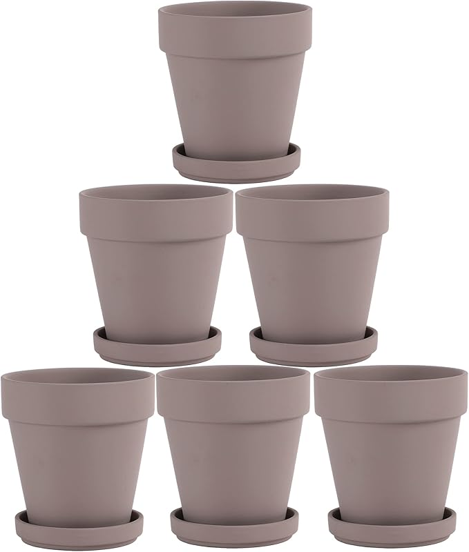 Grey Terra Cotta Pots with Saucer - 6-Pack Small 4'' Clay Ceramic Pottery Planter for Cactus, Flowers, Succulents - Drainage Hole, Great for Plants, DIY Craft Projects
