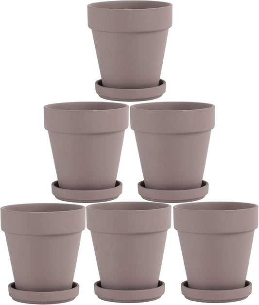 Grey Terra Cotta Pots with Saucer - 6-Pack Small 4'' Clay Ceramic Pottery Planter for Cactus, Flowers, Succulents - Drainage Hole, Great for Plants, DIY Craft Projects