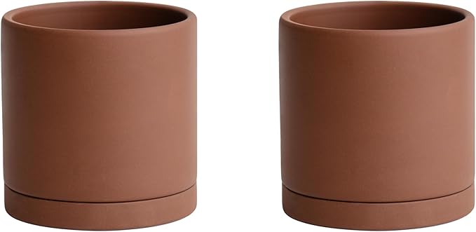 D'vine Dev 4 Inch Rust Terracotta Plant Pot with Drainage Hole and Saucer, Round Cylinder Planter Pot for Indoor Plants, Set of 2, 40-V-A-2