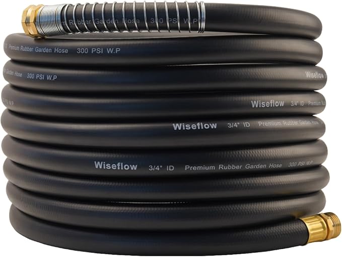 WiseFlow Garden Hose 25FT x 3/4", Heavy Duty Rubber Hose, 1000PSI Burst, 300PSI Working, Water Hose with Five Layered Braiding, Male Female Fittings (Black)