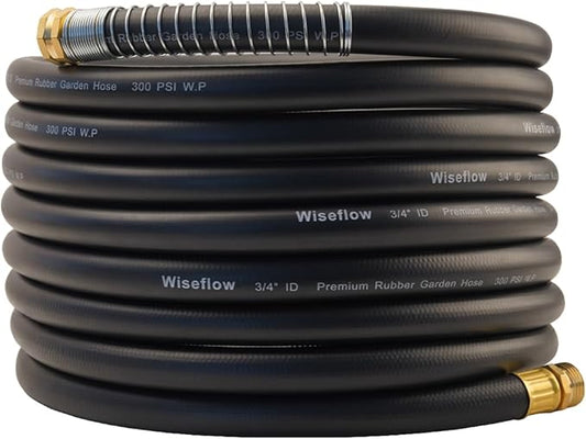 WiseFlow Garden Hose 25FT x 3/4", Heavy Duty Rubber Hose, 1000PSI Burst, 300PSI Working, Water Hose with Five Layered Braiding, Male Female Fittings (Black)