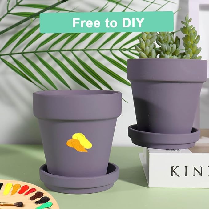 vensovo 4 Inch Small Purple Terracotta Plant Pots with Saucer - 6 Pack Clay Flowerpots with Drainage, Great for Indoor Outdoor Plants, Crafts, Wedding Favor
