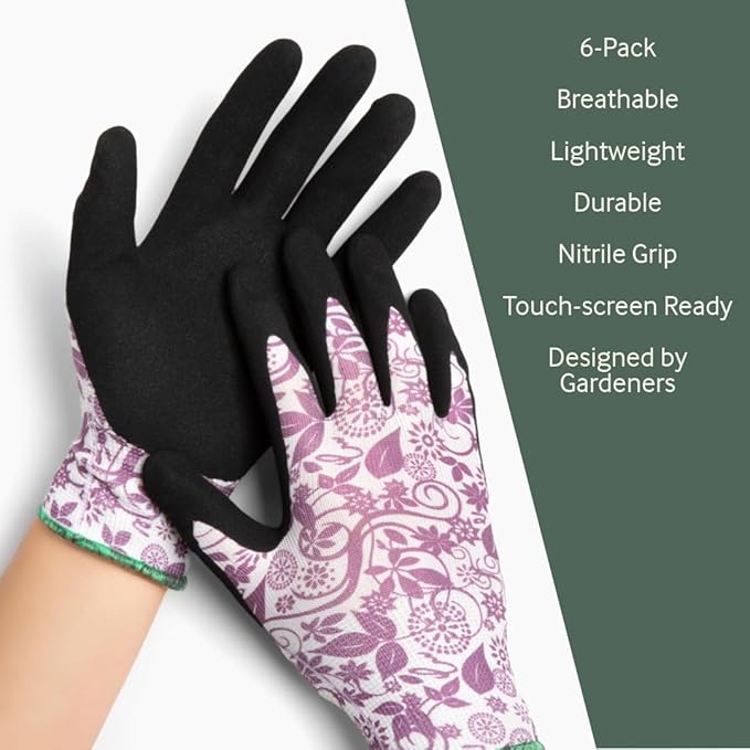 Garden Gloves 6-pack Womens Ladies Lightweight Floral Gloves with Nitrile Grip for Gardening Landscaping Weeding Work Gloves
