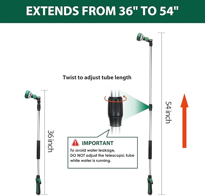 Telescoping Watering Wand for Garden Hose, 36”-54” Adjustable, 10 Spray Patterns, Heavy-Duty Hose Nozzle with Thumb Control & Pivoting Head, Ideal for Hanging Baskets and Shrubs, Green
