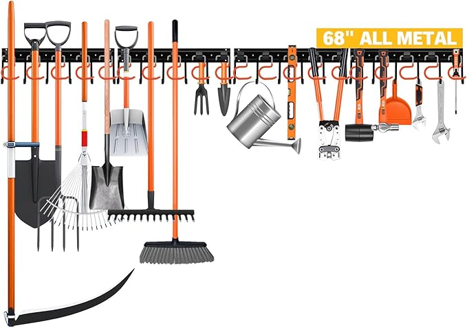 ELEAD 68'' All Metal Adjustable Garden Tool Organizer: Garage Tool Organizer Wall Mount with Orange Hooks, Garage Organizers and Storage, Tool Hangers for Shed
