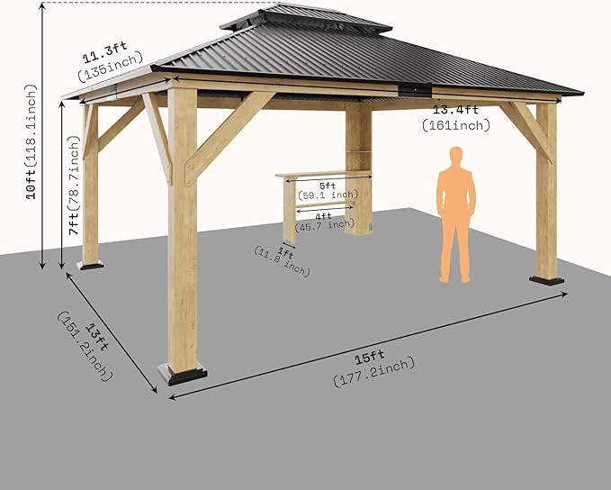 13x15 Wood Gazebo, Hardtop Outdoor Gazebo with Aluminum Double Roof, Outdoor Wooden Pavilion for Parties, Backyard, Patio, Lawns, Black + Natural Wood