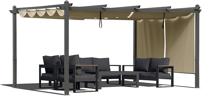 BPS 12x14 FT Outdoor Pergola - Retractable Shade Canopy with Aluminum Frame & Roller Shade Curtains for Patio, Backyard, or Deck, Khaki