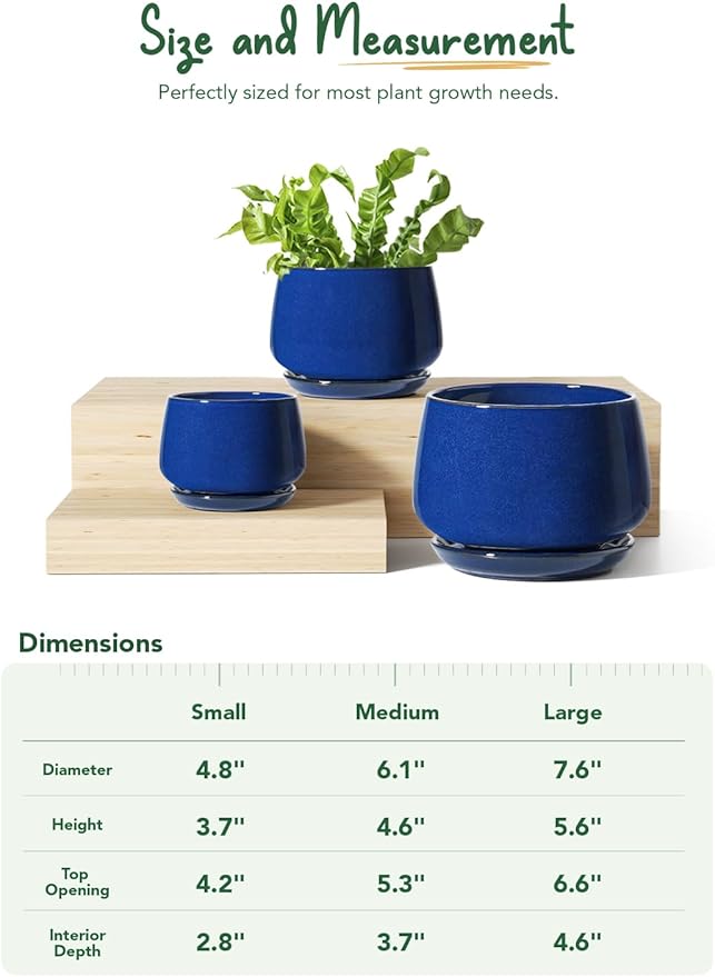 LE TAUCI Plant Pots, 4.1+5.1+6.5 inch, Set of 3, Ceramic Planters with Drainage Hole and Saucer, Indoor Flower Pot with Hole Mesh Pad, Gifts for Mom, Sapphire Blue