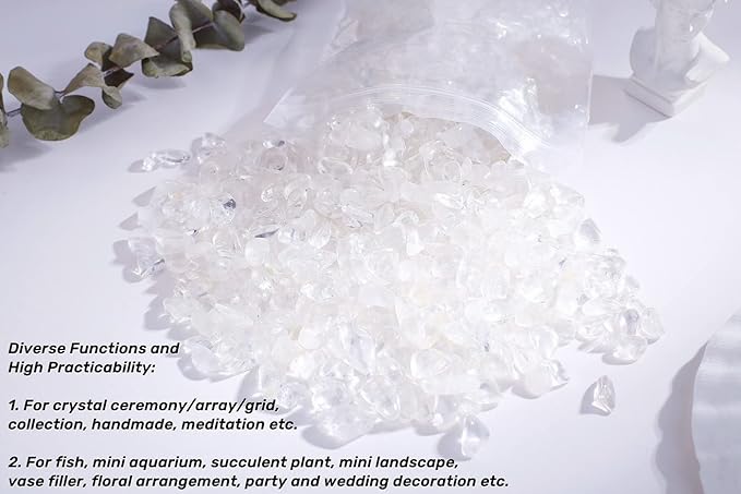 Clear Quartz Crystals Tumbled Stones Polished Rocks Chips Stone Crushed Crystal Healing Natural Gem Gravel Home Decoration mini Aquarium Tank Plants Small Vase Filler Landscape Bottom Ornament 250G