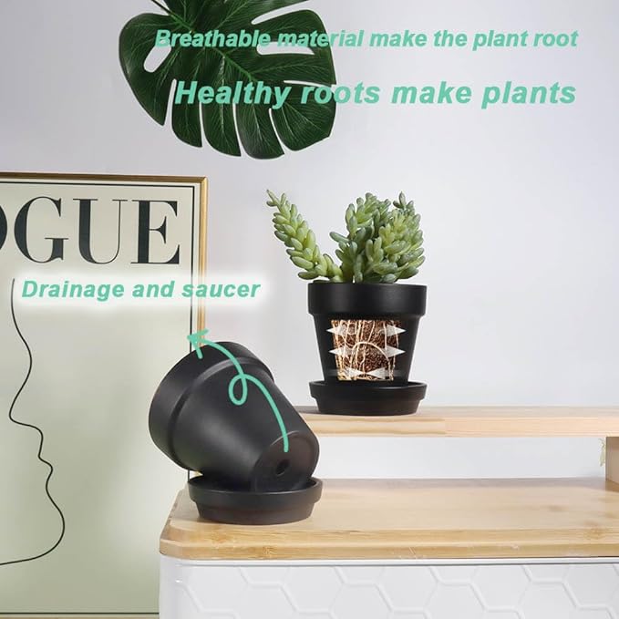 vensovo 3 inch Black Terracotta Clay Pots for Plants with Saucer - 12 Pack Small Terra Cotta Planter Great for Garden Windowsill Indoor & Outdoor Wedding Favors Gifts