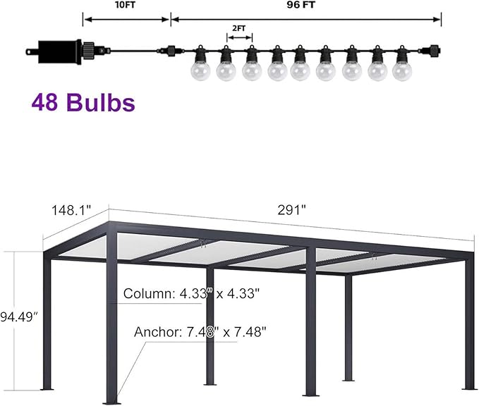 PURPLE LEAF Louvered Pergola 12' x 24' Outdoor Aluminum Pergola with Hidden Drainage System and Adjustable Patio Hardtop Oversized Pergolas with String Lights for Poolside Outdoor Kitchen Banquet