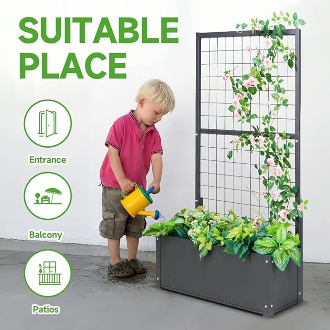 Metal Planter with Trellis Raised Garden Beds Outdoor (35.5" L*12" W*59" H) Inch Planter Box with Trellis&Privacy Screen for Climbing Plants, Vegetables, Vines