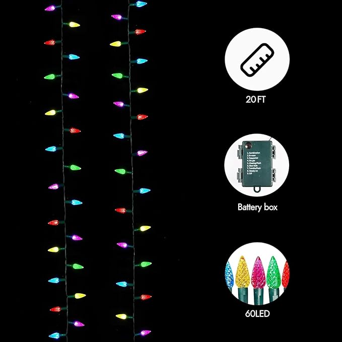 WBao C6 Battery Operated Christmas Lights, 60 LED 20ft String Lights with 8 Modes, Auto Timer, Waterproof for Indoor Outdoor Christmas Trees, Fence, Garlands, Stairs Xmas Decorations, Multicolor