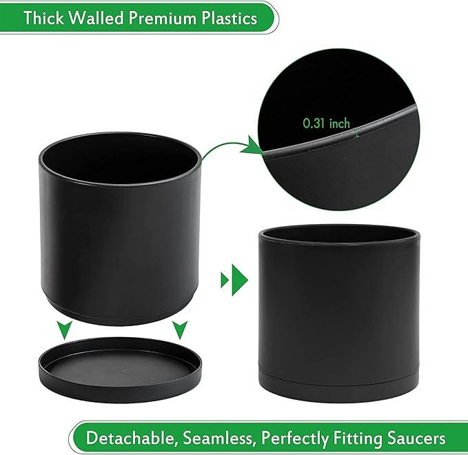 D'vine Dev 10 Inch Plastic Planter Pots for Plant Pot with Drainage Hole and Seamless Saucers, Black Color, 74-X-B-2