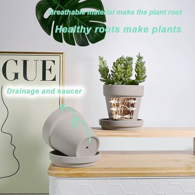 vensovo 3 inch Grey Terracotta Clay Pots for Plants with Saucer - 12 Pack Small Terra Cotta Planter Great for Garden Windowsill Indoor & Outdoor Wedding Favors Gifts