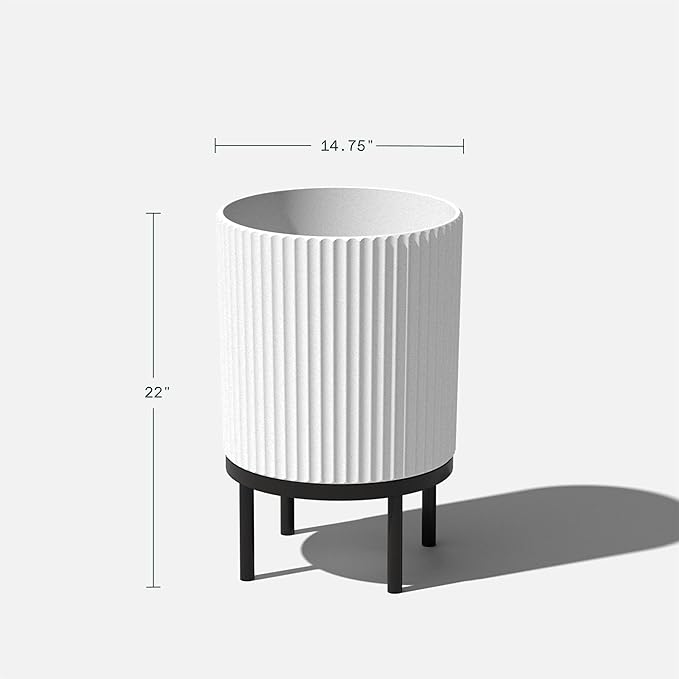 Veradek Demi Series Round Planter w/ Stand for Porch/Patio | Durable Plastic-Concrete & Wooden Stand | Modern Décor for Tall Plants, Flowers