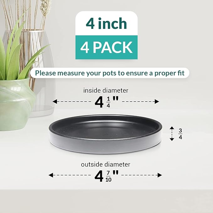 Willowy Heavy Duty Ceramic 4 Inch Plant Saucer in Black - Pack of 4 - Scratch-Resistant Drainage Trays for Pots 4.25" at the Base or Less - Small Plant Saucers, Plant Drip Trays for Plants