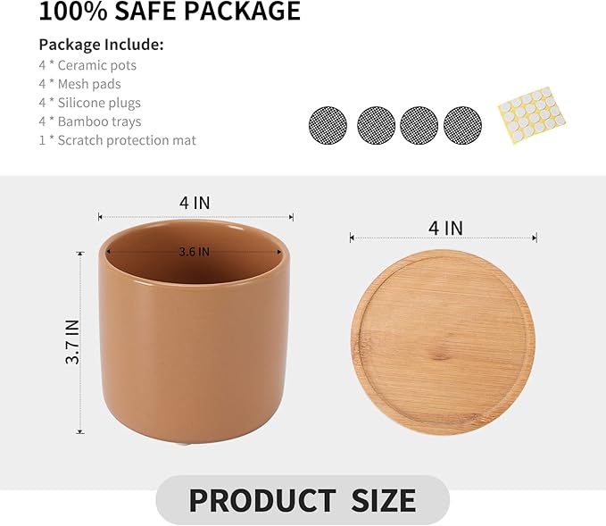 OMAYKEY 4 Inch Ceramic Plant Pot with Saucer, Multicolor Bright Glazed Planters Pots with Drainage Hole and Mesh Pads for Succulent, Indoor Flowers, Snake Plants, Cactus, Herbs, Set of 4