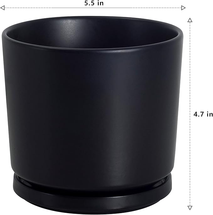 Ekirlin 5 inch Plant Pots,Ceramic Flower Planters Indoor,Modern Succulents Containers with Drain Hole Saucer,Decorate Home,Office & Outdoor (Black)