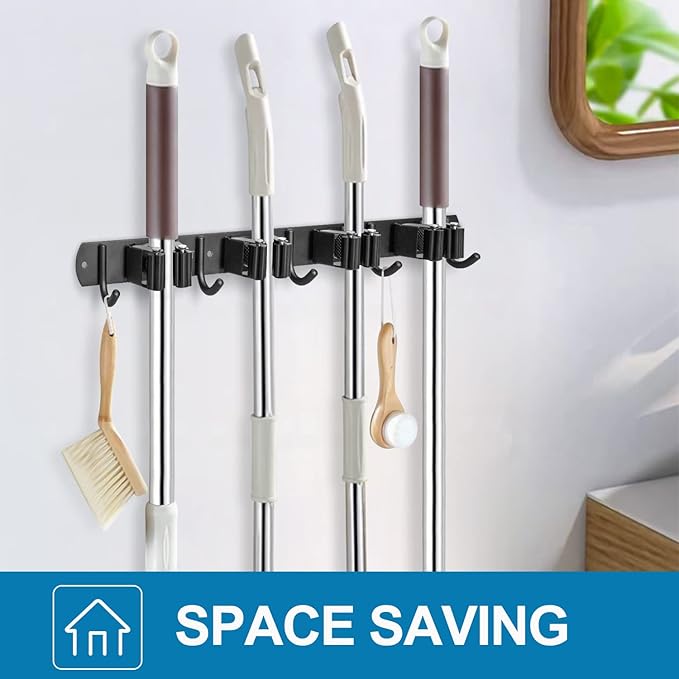 IMILLET 2 Pack Broom and Mop Holder Wall Mounted, Broom Holder Stainless Steel Broom Organizer Heavy Duty Tools Organizer Self Adhesive for Laundry Room Garage Garden（4 Racks and 5 Hooks）