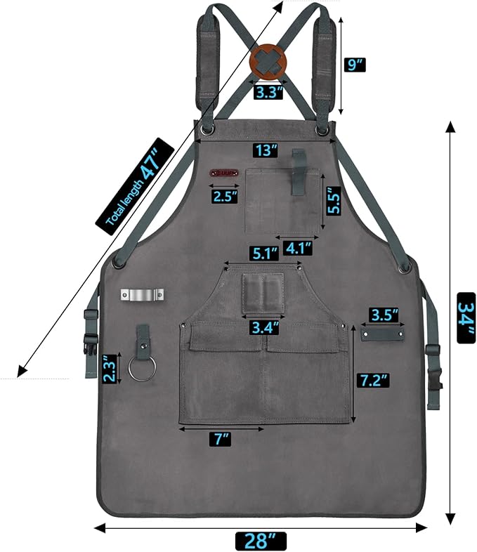 Woodworking Apron for Men, Shop Apron 20 oz Canvas Work Apron with 9 Tool Pockets, Heavy Duty Wood Working Workshop Bib Apron for Carpenter Woodworker Blacksmith, Men Gift, Adjustable to S- 3XL, Grey