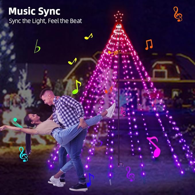 10ft Smart Outdoor Christmas Tree Lights,App&Remote Control Iron Pole Waterfall String Lights,DIY RGB Color Changing,Music Sync,Timer,Waterproof Star Tree Lights for Yard,Party,Holiday,Xmas Decor