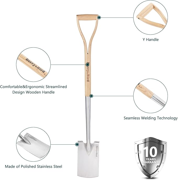 Berry&Bird Garden Digging Spade, 41" Stainless Steel Square Border Spade, Heavy Duty European Shovel with D-Grip Handle, Traditional English Style Flat Shovel for Digging, Yard Work, Transplanting