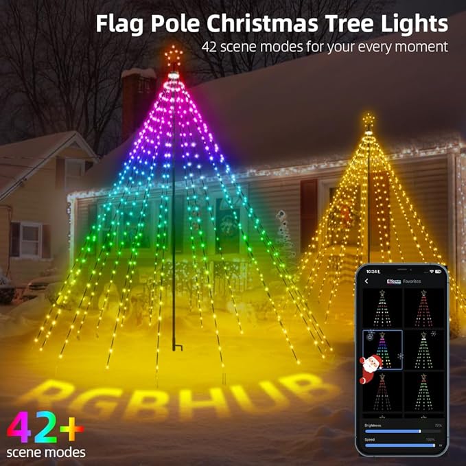 10ft Smart Outdoor Christmas Tree Lights,App&Remote Control Iron Pole Waterfall String Lights,DIY RGB Color Changing,Music Sync,Timer,Waterproof Star Tree Lights for Yard,Party,Holiday,Xmas Decor
