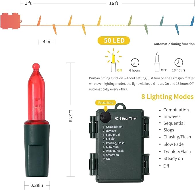 WATERGLIDE 2 Pack 50 LED Outdoor Christmas Lights, 16FT Battery Operated Mini String Lights with 8 Modes & Timer, Xmas Tree Lights Waterproof for Patio Garden Party Wedding Holiday Decor, Red & White