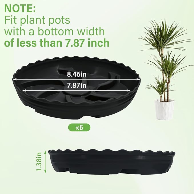 6 Pack 8 Inch Plant Trays for Pots, Raised Ridge Plant Saucers,6 10 12 14 Inch Durable Plastic Plant Pot Saucer,Black Round Plant Water Catcher Tray for Indoors and Outdoors(Black, 8‘’6pack)