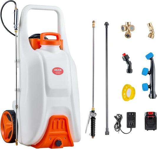VEVOR 13.1 Gallon Battery Powered Sprayer with Wheels, Adjustable 0-80 PSI, 5 Nozzles and 98ft Hose Included, Orange
