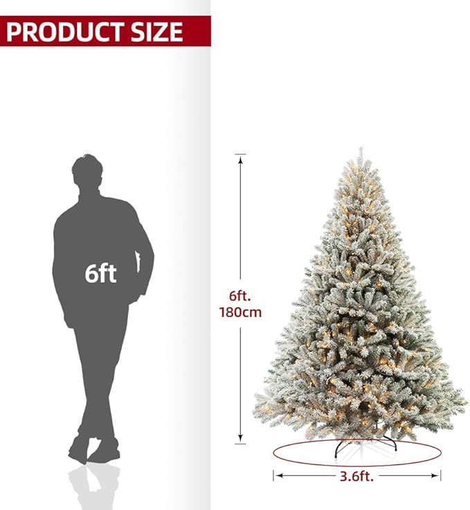 CHILLSUN Prelit Christmas Tree with Lights 6ft, Premium Snow Flocked Artificial Xmas Tree with 874 Branch Tips and 250 Warm Lightsm, Metal Reinforced Base Easy Assembly for Christmas Decorations,White