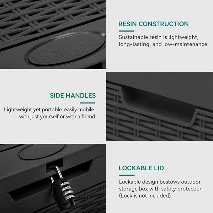YITAHOME 32 Gallon Rattan Deck Box, Indoor Outdoor Storage Box for Patio Furniture, Pool Accessories, Cushions, Garden Tools, Sports Equipment, Waterproof Resin with Lockable Lid & Side Handles, Black