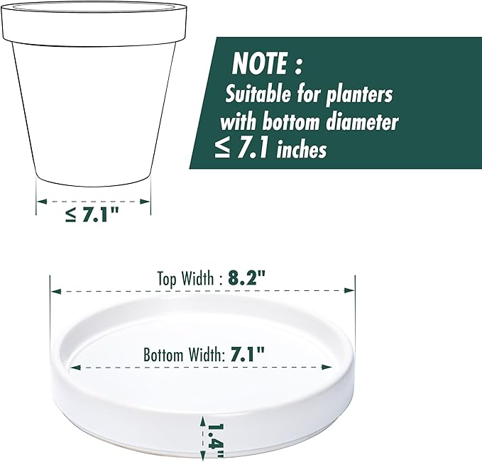 D'vine Dev Modern Round 7.1 Inch Ceramic Plant Pot Saucer, Planter Pot Drainage Tray for Indoor Plants, Matte White, 97-T-A-3