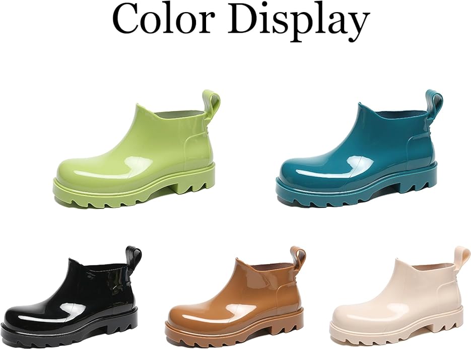 Women's PVC Lug Sole Ankle Rain Boots Comfort Round Toe Waterproof Low Chunky Platform Non-Slip Mid Top Garden Chelsea Short Galoshes for Outdoor Work