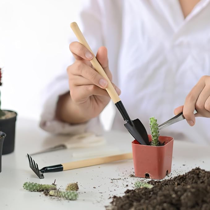 CLISPEED 6pcs Mini Gardening Tools: Hand Rake Trowel and Shovel with Wooden Handles for Bonsai Planting - Gardending Hand Tools Kit for Seedling Soil Caring Succulent