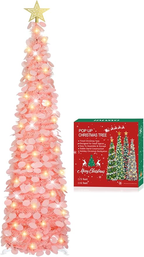 HMASYO 5 FT Pop Up Christmas Tree with Timer Lights, Pink Christmas Tinsel Tree, Collapsible Artificial Pencil Christmas Tree for Indoor Home Apartment Porch Holiday Party Decorations