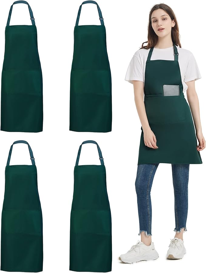 4 Pack Chef Apron, Waterproof Apron, Adjustable Apron with 2 Pockets for Men Women, Apron for Cooking Baking Restaurant(Green)