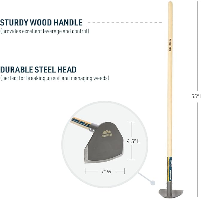 Gempler's 7" Field Hoe with Wood Handle for Weeding and Cultivating, Steel Gardening Tool
