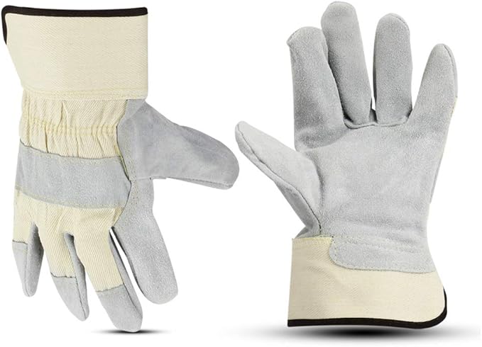Glove Station Cowhide Leather Work Gloves for Men & Women – Work Gloves with Split Leather Palm, Rubberized Safety Cuff