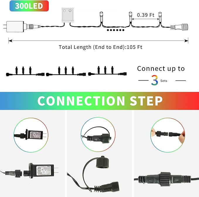 XTF2015 Christmas Outdoor Indoor Lights, 105ft 300 LED End to End Connected 9 Modes Timer Remote Christmas String Lights for Trees, Patio, Garden, Party, Wedding, Holiday (Warm White + Multicolor)