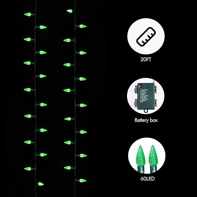 WBao C6 60 LED 20ft Battery Operated Christmas String Lights with 8 Modes, Timer, Waterproof Design for Indoor Outdoor Christmas Trees, Fence, Stairs Xmas Decorations, Green
