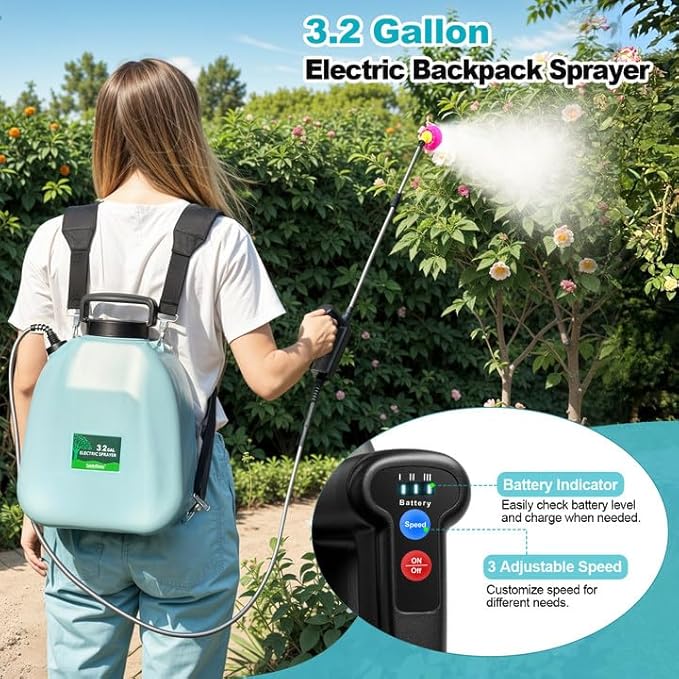3.2 Gallon Battery Powered Backpack Sprayer, Upgraded Electric Back Pack Sprayer with 3 Spray Speed, Battery Indicator, Rechargeable Handle, 41" Telescopic Wand, 5 Mist Nozzles, for Lawn and Garden